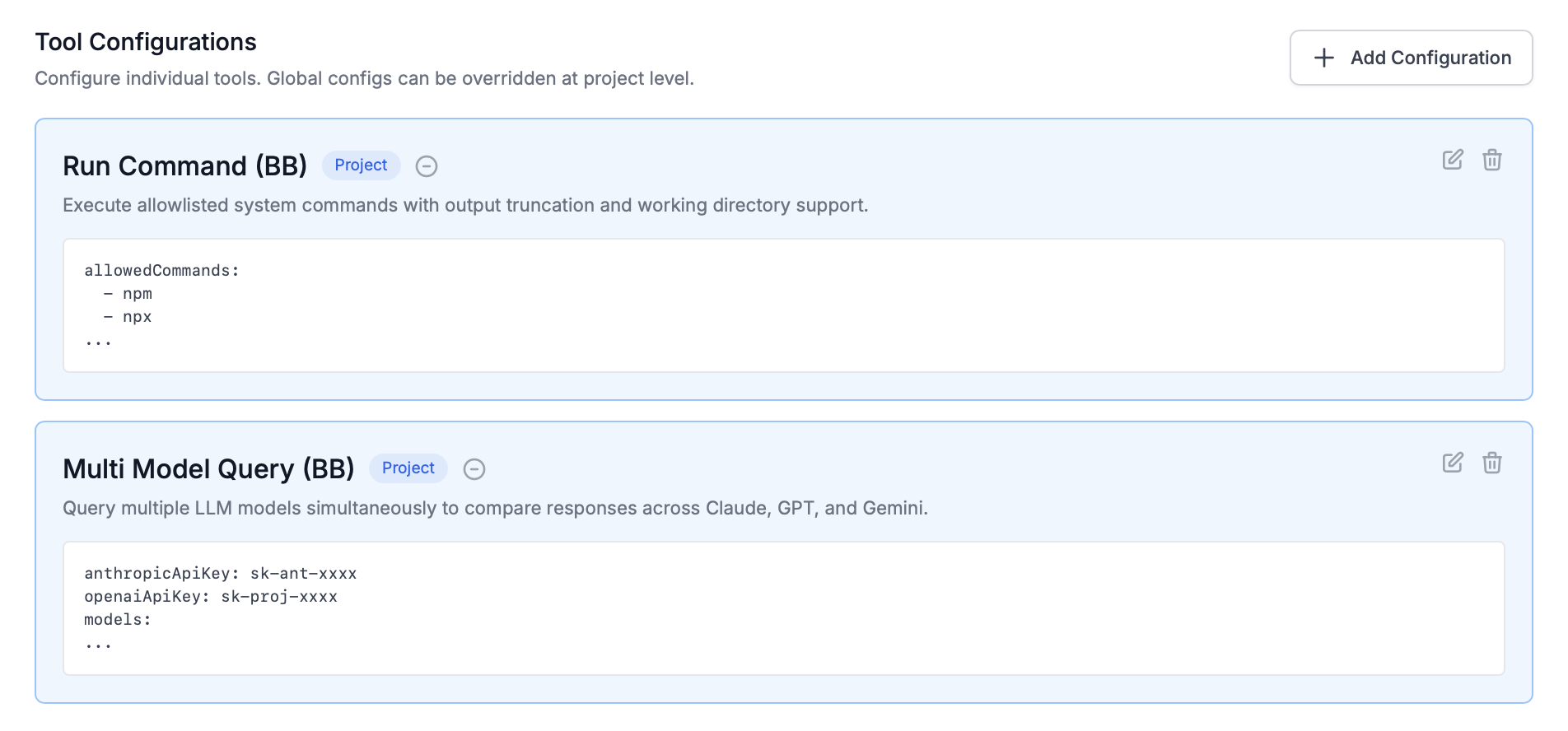 Tool configurations interface showing list of configured tools with their settings at project level